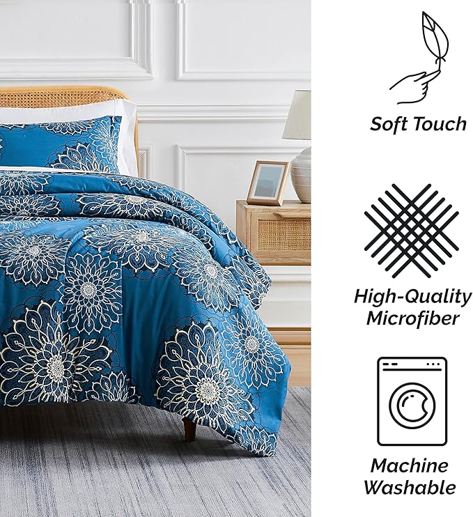 Southshore Fine Living, Inc. Oversized King Comforter Bedding Set, Down Alternative Boho Bedspread, Paisley Floral Comforter, King/California King with 2 Matching Shams, Midnight Floral Blue - LeafyLoom