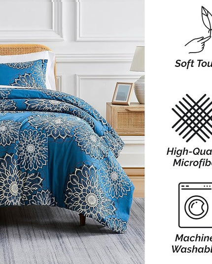 Southshore Fine Living, Inc. Oversized Full/Queen Comforter Bedding Set, Down Alternative Boho Bedspread, Paisley Floral Comforter, Full Size/Queen with 2 Matching Shams, Midnight Floral Blue - LeafyLoom