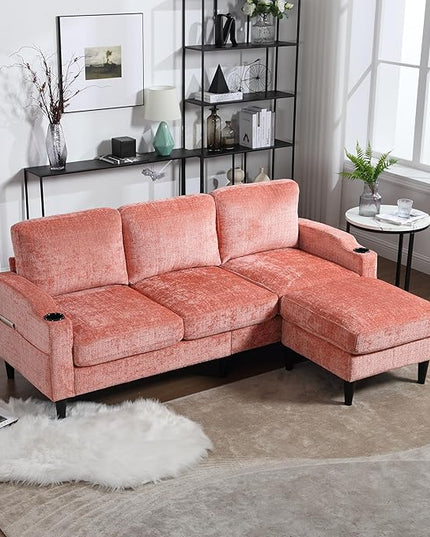 Convertible Sectional Sofa with Movable Storage Ottoman and Cupholders, 3 Seater L-Shaped Corner Couch,Chenille Upholstered Furniture w/Detachable Thicked Cushions for Living Room, Small Space - LeafyLoom
