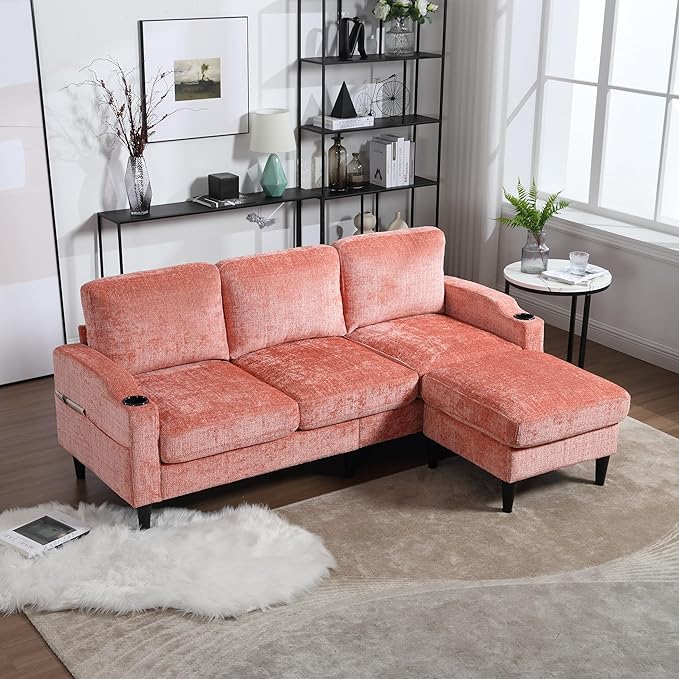 Convertible Sectional Sofa with Movable Storage Ottoman and Cupholders, 3 Seater L-Shaped Corner Couch,Chenille Upholstered Furniture w/Detachable Thicked Cushions for Living Room, Small Space - LeafyLoom