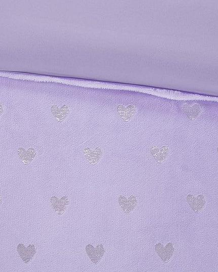 Mi Zone Rosalie Comforter Set for Girls, Ultra-Soft Microlight Plush Metallic Printed Hearts Brushed Reverse Overfilled Down Alternative Hypoallergenic All Season, Full/Queen, Purple/Silver, 4 Piece - LeafyLoom