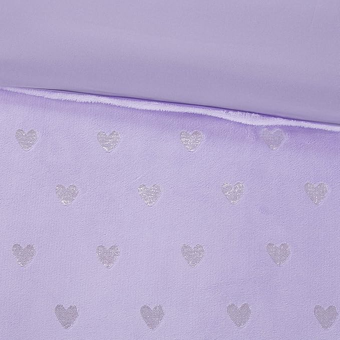 Mi Zone Rosalie Comforter Set for Girls, Ultra-Soft Microlight Plush Metallic Printed Hearts Brushed Reverse Overfilled Down Alternative Hypoallergenic All Season, Full/Queen, Purple/Silver, 4 Piece - LeafyLoom