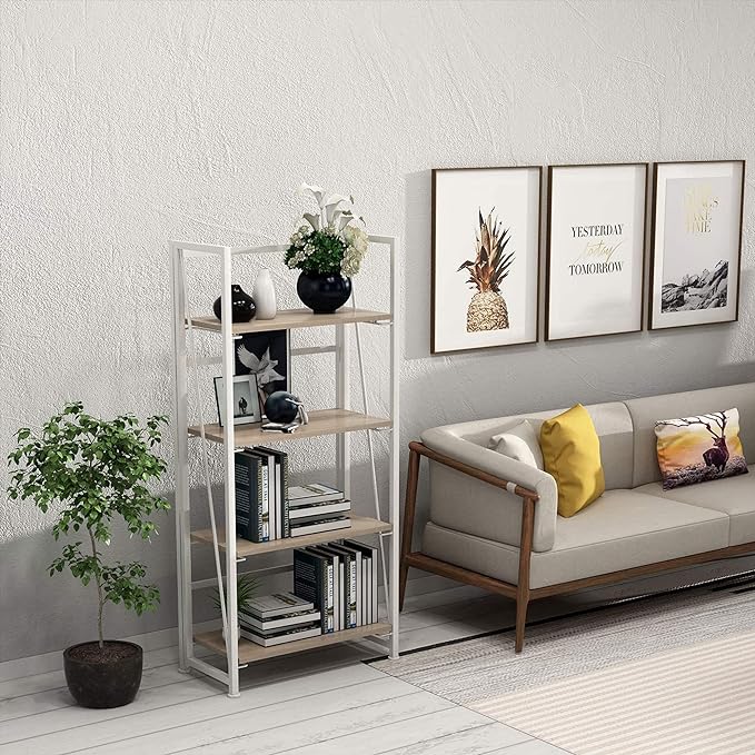 No-Assembly Folding Bookshelf Storage Shelves 4 Tiers Vintage Multifunctional Plant Flower Stand Storage Rack Shelves Bookcase for Home Office (White) - LeafyLoom