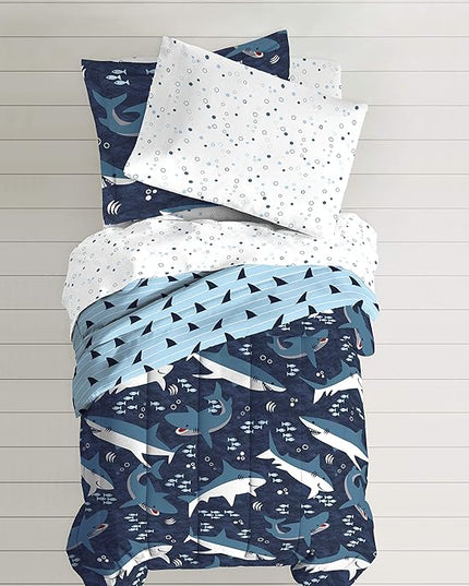 dream FACTORY Kids 5-Piece Complete Set Easy-Wash Super Soft Microfiber Comforter Bedding, Twin, Blue Sharks - LeafyLoom