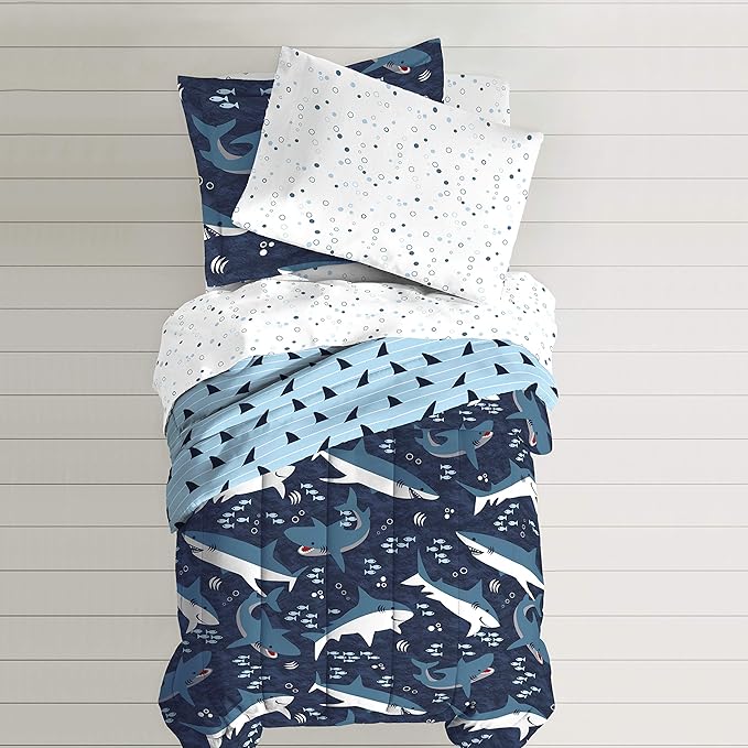dream FACTORY Kids 5-Piece Complete Set Easy-Wash Super Soft Microfiber Comforter Bedding, Twin, Blue Sharks - LeafyLoom