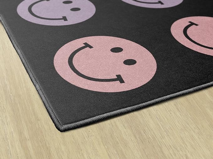 Flagship Carpets Schoolgirl Style Rainbow Smileys in Black Criss-Cross Applesauce Educational Area Rug for Kids Room, Children's Classroom for Teaching & Playroom, 7'6" x 12', Black & Multi, Seats 28 - LeafyLoom