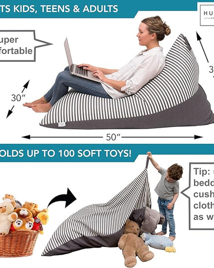 HUDDLE Original Stuffed Animal Bean Bag Storage Extra Large Designer Beanbag Chairs for Kids Teens & Adults | Instant Clutter Clear for Stylish Moms - Stuffed Animal Storage Bean Bag Chair Grey Stripe - LeafyLoom