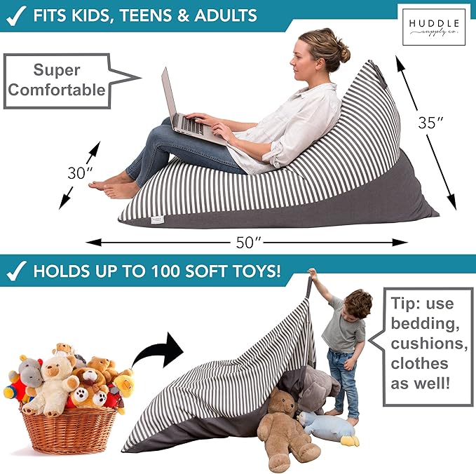 HUDDLE Original Stuffed Animal Bean Bag Storage Extra Large Designer Beanbag Chairs for Kids Teens & Adults | Instant Clutter Clear for Stylish Moms - Stuffed Animal Storage Bean Bag Chair Grey Stripe - LeafyLoom