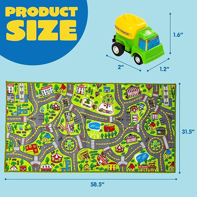 JOYIN Kids Play Rugs - 12 Pull-Back Vehicle Set - Durable Carpet Playmat Rug - City Pretend Play - Toddler Car Track Rug - LeafyLoom
