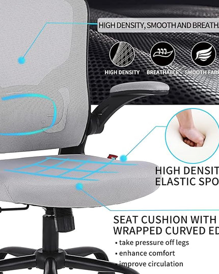 Ergonomic Office Desk Chair Breathable Mesh Swivel Computer Chair, Lumbar Back Support Task Chair, Grey Office Chairs with Flip-up Arms, Adjustable Height Executive Rolling Chair - LeafyLoom