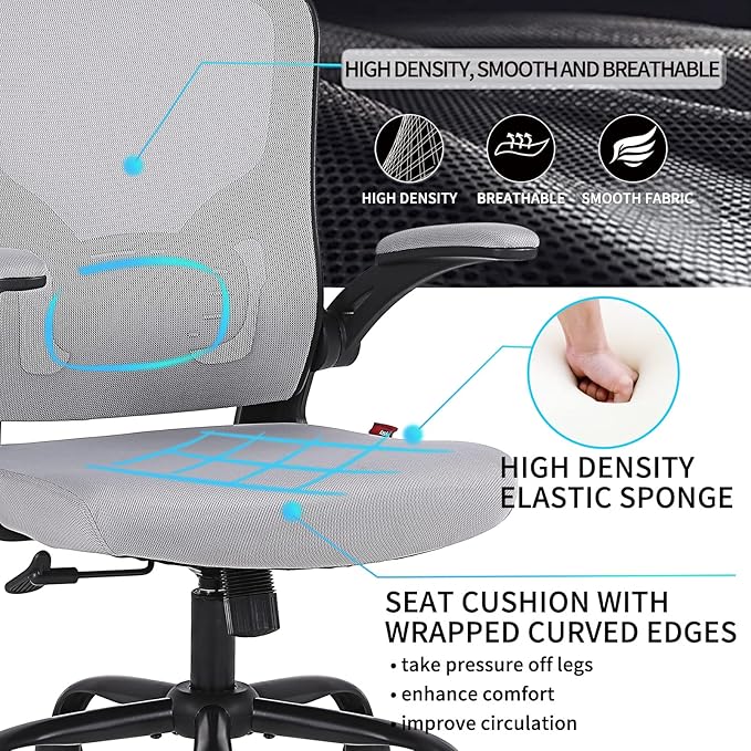Ergonomic Office Desk Chair Breathable Mesh Swivel Computer Chair, Lumbar Back Support Task Chair, Grey Office Chairs with Flip-up Arms, Adjustable Height Executive Rolling Chair - LeafyLoom