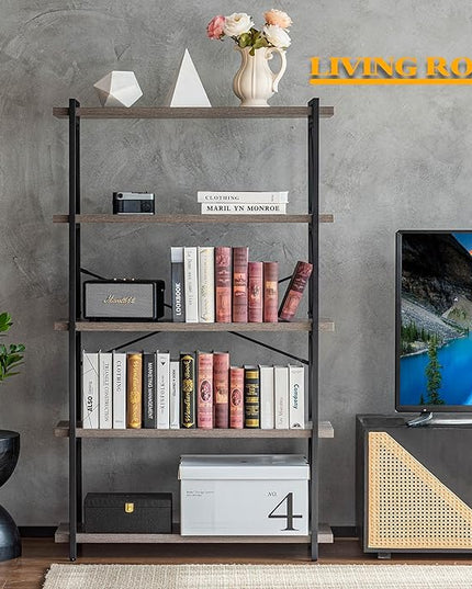 HCHQHS Bookshelf, 5-Tier Industrial Bookcase, Rustic Open Book Shelf, Freestanding Tall Bookshelves with Metal Frame - LeafyLoom