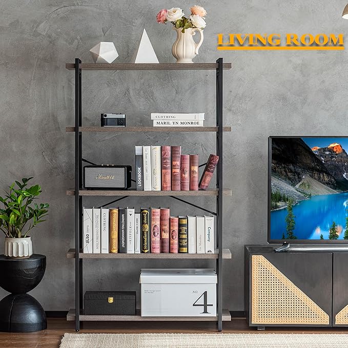 HCHQHS Bookshelf, 5-Tier Industrial Bookcase, Rustic Open Book Shelf, Freestanding Tall Bookshelves with Metal Frame - LeafyLoom