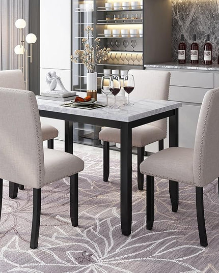 5 Piece Faux Marble Dining Set with Four Thicken Cushion Chairs, Home Kitchen Furniture for 4 People, Family Candlelight Dinner Tables for Diningroom, Living Room, Beige+Black - LeafyLoom