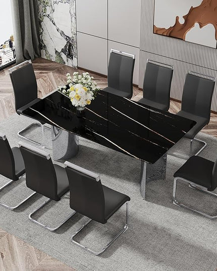 NicBex Modern Minimalist Dining Table Black Imitation Marble Glass Desktop is Equipped with Silver Metal Legs Suitable for Restaurants and Living Rooms, Black + Silver - LeafyLoom
