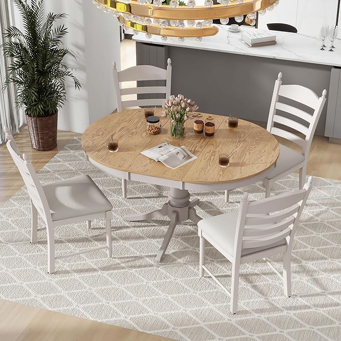 Dining Table Set for 4 Person, 5 Pieces Kitchen Table&Chairs Including Round Extendable Diningtable and Four Upholstered Chairs, Wood Grain Tabletop, Ladder Backrest, Solid Wood Rubber Legs - LeafyLoom