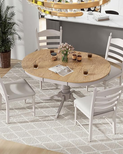 5-Piece Round Extendable Dining Set, Included Solid Wood 42"-58'' Adjustable Tables and 4 Upholstered Chairs, Retro Functional Dinette Furniture for Kitchen Living Room, Off White - LeafyLoom