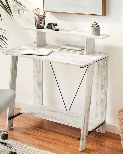 Acme Nypho Wooden 2 Shelves Writing Desk in Antique White and Black - LeafyLoom