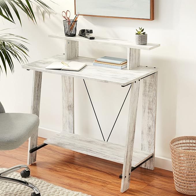 Acme Nypho Wooden 2 Shelves Writing Desk in Antique White and Black - LeafyLoom