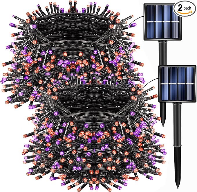 Dazzle Bright 2 Pack Total 400LED 132FT Halloween Solar String Outdoor Lights, 8 Modes Waterproof Halloween Lights for Bedroom Patio Garden Tree Party Yard Decoration (Purple & Orange) DazzleBright