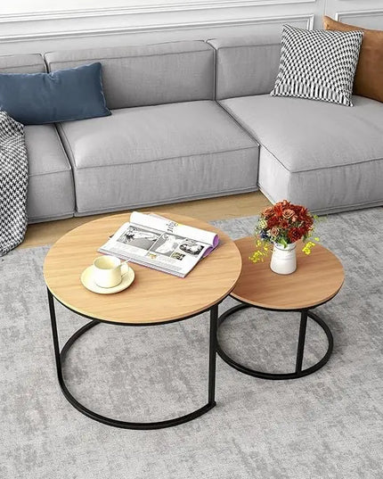 Industrial Round Coffee Table Set of 2 End Table for Living Room,Stacking Side Tables, Sturdy and Easy Assembly,Wood Look Accent Furniture with Metal Frame,Black+Teak OAKDK - LeafyLoom