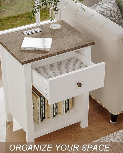 ChooChoo Farmhouse Nightstand with Charging Station, Wooden Top Bedside End Table with Drawer and Storage Space for Bedroom, White - LeafyLoom