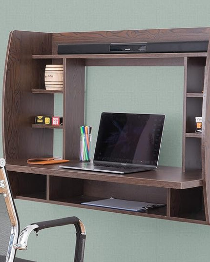 Wall Mount Laptop Office Desk with Shelves, Brown, - LeafyLoom