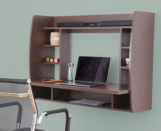 Wall Mount Laptop Office Desk with Shelves, Brown, - LeafyLoom