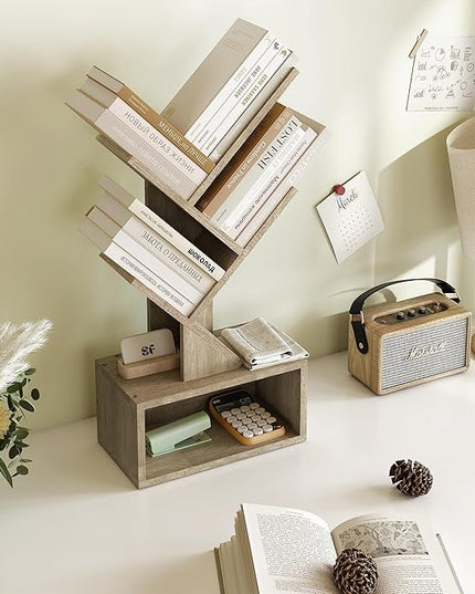 Hoctieon 3 Tier Tree Bookshelf, Modern Bookcase with Drawer, Freestanding Book shelf, Display Floor Standing Storage Shelf, Book Organizer Shelves for Home Office, Living Room, Bedroom, Greige - LeafyLoom