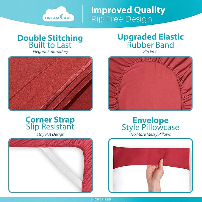 DREAMCARE Twin Sheets - Cooling Bed Sheets - 4pcs Set - up to 15" Deep Pocket Twin Bed Sheets - Twin Sheet Set - Bed Sheets Twin Soft & Lasting 100% Fine Brushed Polyester with Side Pocket - Burgundy - LeafyLoom