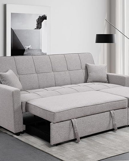 83" Oversized Convertible 2 Pull Out Bed,Linen Upholstered Folding Couch W/ 3 Levels Adjustable Backrest,3 Seaters Sleeper Sofas for Living Room Home Office Apartment, Gray, Light Gray2 - LeafyLoom