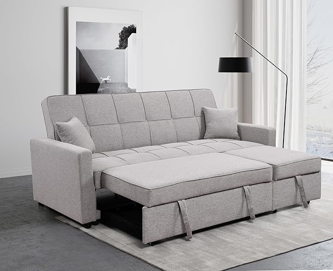 83" Oversized Convertible 2 Pull Out Bed,Linen Upholstered Folding Couch W/ 3 Levels Adjustable Backrest,3 Seaters Sleeper Sofas for Living Room Home Office Apartment, Gray, Light Gray2 - LeafyLoom