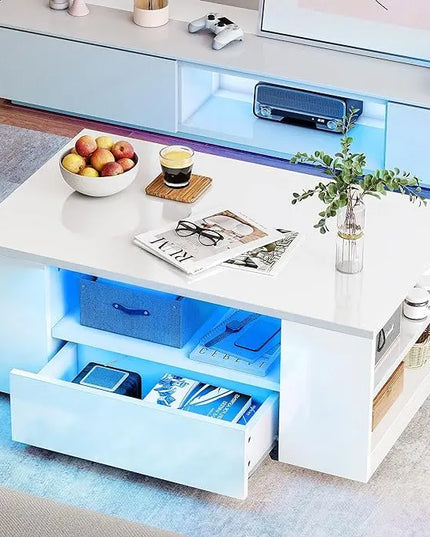 YITAHOME Modern Coffee Tables for Living Room, High Gloss LED Coffee Table, Storage Coffee Table, Small Coffee Table, Wood Center Table with 2 Sliding Drawers and Open Side Shelf,White - LeafyLoom