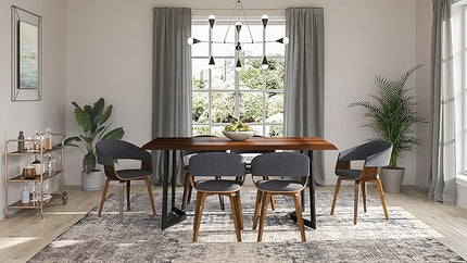 SIMPLIHOME Lowell / Draper Mid Century Modern 7 Pc Dining Set with 6 Upholstered Bentwood Dining Chairs in Blue Linen Look Fabric and 66 Inch Wide Table, For the Dining Room and Kitchen - LeafyLoom