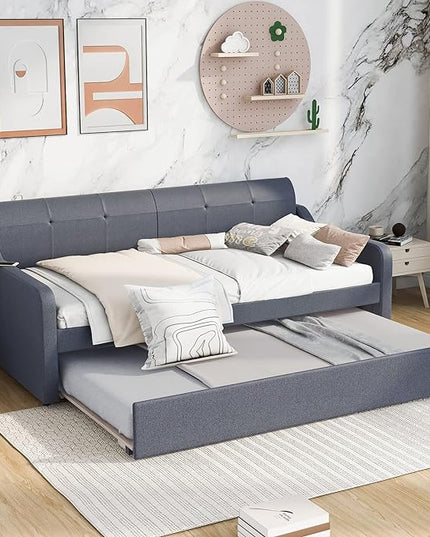 Upholstered Daybed with Pop Up Trundle, Twin Size Daybed with Trundle and USB Charging Ports, for Living Room Bedroom Guest Room, Gray - LeafyLoom