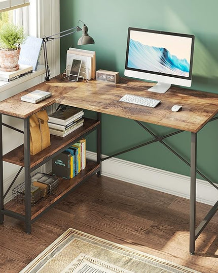 Bestier Small L Shaped Desk with Shelves 47 Inch Reversible Corner Computer Desk Writing Gaming Storage Table for Home Office Small Space, Rustic Brown - LeafyLoom