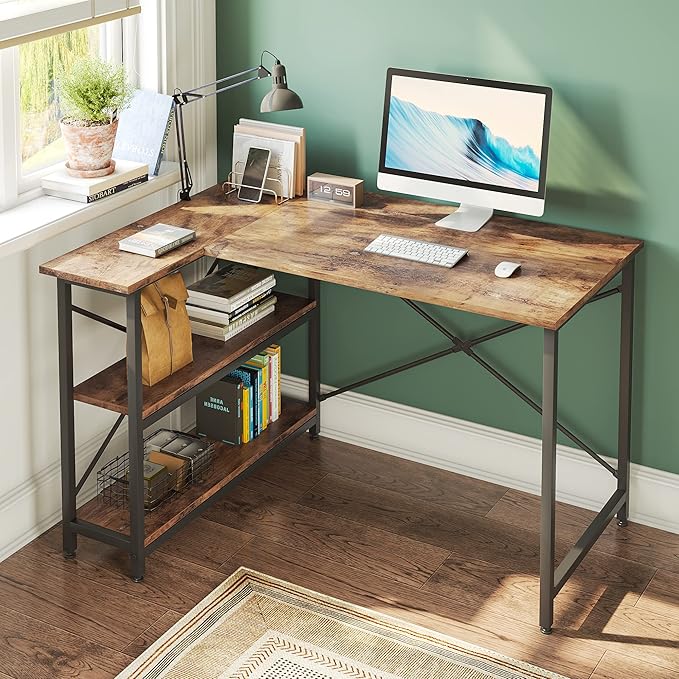 Bestier Small L Shaped Desk with Shelves 47 Inch Reversible Corner Computer Desk Writing Gaming Storage Table for Home Office Small Space, Rustic Brown - LeafyLoom