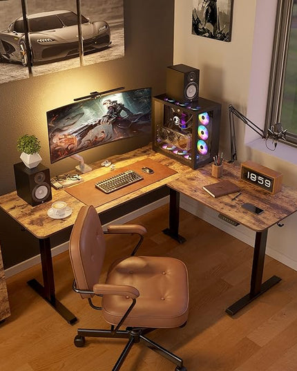 FEZIBO L Shaped Standing Desk Adjustable Height, 63 Inch Electric Stand up Corner Computer Desk, Sit Stand Home Office Desk with Splice Board, Rustic Brown Top/Black Frame - LeafyLoom