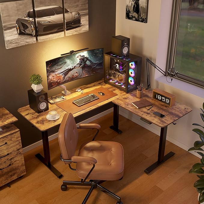 FEZIBO L Shaped Standing Desk Adjustable Height, 63 Inch Electric Stand up Corner Computer Desk, Sit Stand Home Office Desk with Splice Board, Rustic Brown Top/Black Frame - LeafyLoom
