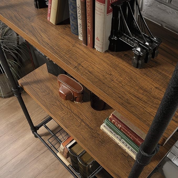Sauder Iron City Tall Bookcase/book shelf, Checked Oak finish - LeafyLoom