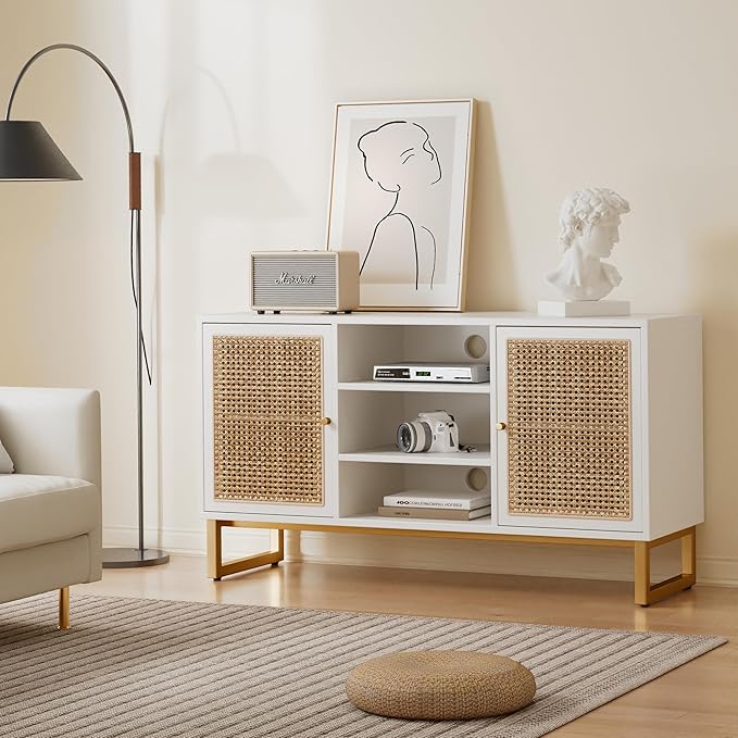 NicBex TV Stand for 55 Inch TV Modern TV Media Console Table with Adjustable Shelf, Rattan Sideboard,Entertainment Center with Storage for Living Room,Bedroom,47 Inch,White - LeafyLoom