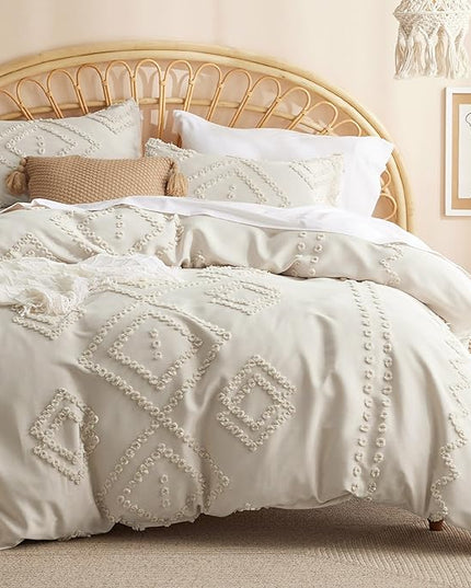 Bedsure Boho Comforter Set King - Beige Tufted Bedding Comforter Set, 3 Pieces Farmhouse Shabby Chic Embroidery Bedding Set, Soft Geometric Pattern Comforter for All Seasons - LeafyLoom