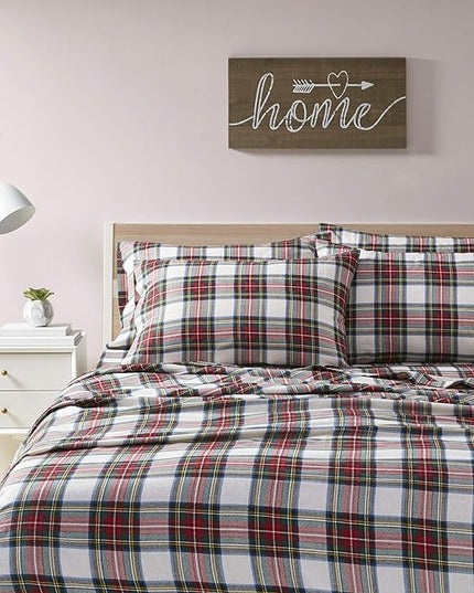 Comfort Spaces Cotton Flannel Breathable Warm Deep Pocket Sheets With Pillow Case Bedding, Twin, Scottish Plaid Red, 3 Piece - LeafyLoom
