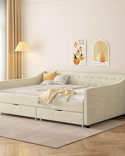 Full Size Daybed with Drawers, Linen Upholstered Tufted Sofa Bed Frame with Button on Back, Waved Shape Arms, Wooden Slats Support, Space-Saving for Apartment,Bedroom, Beige - LeafyLoom