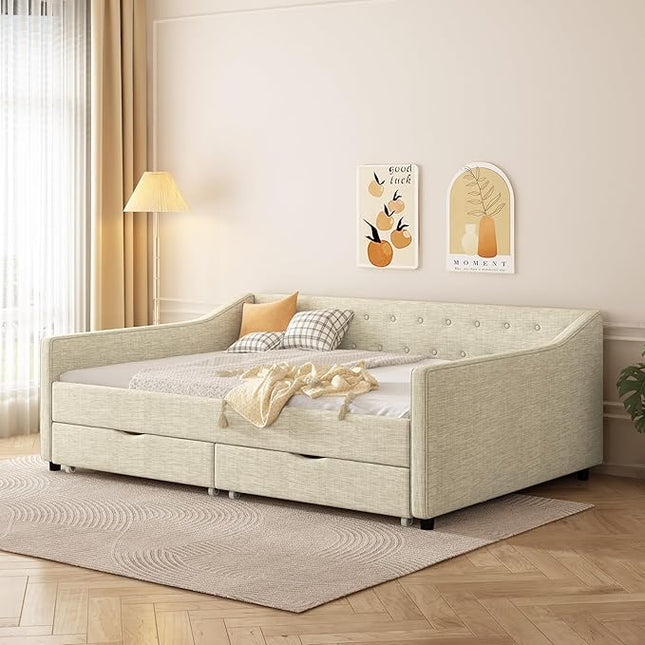 Full Size Daybed with Drawers, Linen Upholstered Tufted Sofa Bed Frame with Button on Back, Waved Shape Arms, Wooden Slats Support, Space-Saving for Apartment,Bedroom, Beige - LeafyLoom