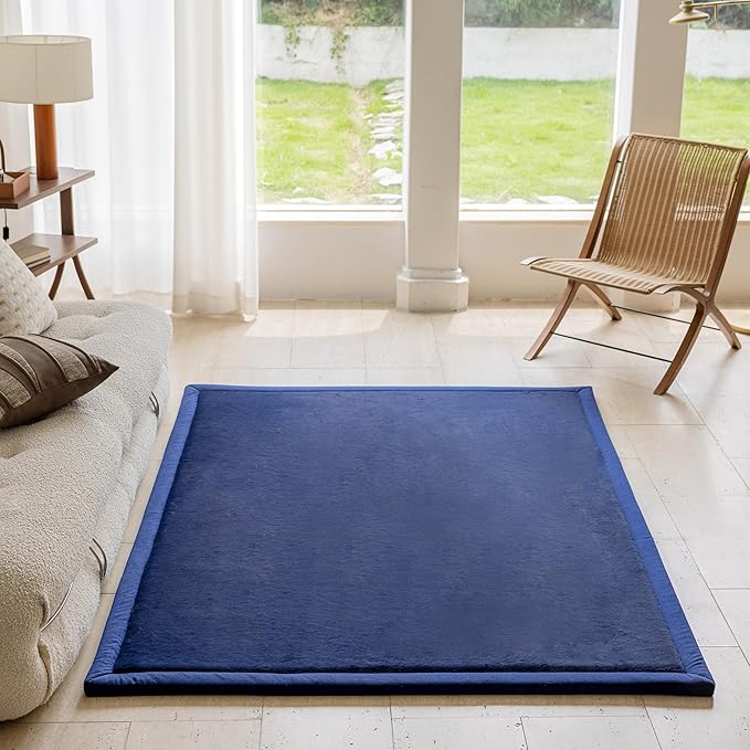 Faux Rabbit Fur Rug - 1.18" Thick Soft Fluffy Area Rug, Non-Slip Memory Foam Crawling Mat, Dark Blue, 78"x110" - LeafyLoom