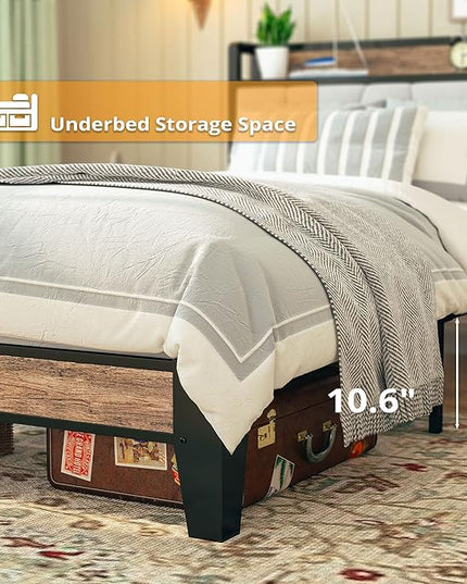 LIKIMIO Twin Bed Frames, Storage Headboard with Charging Station, Solid and Stable, Noise Free, No Box Spring Needed, Easy Assembly (Walnut and Beige) - LeafyLoom