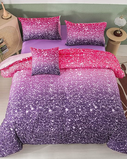 PERFEMET 6Pcs Queen Comforter Set with Sheets, Purple Glitter Tie Dye Girls Bedding Sets, Colorful Ombre Gradient Bed in A Bag, Soft Fluffy Teen Girl Bed Set for Bedroom Decor - LeafyLoom
