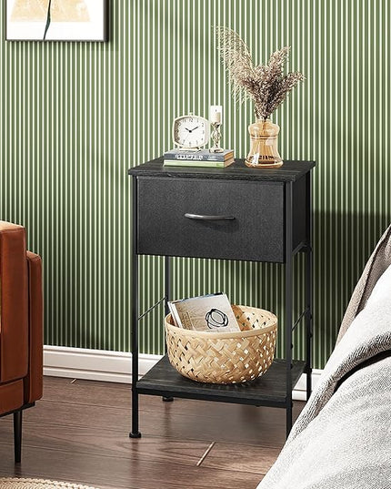 WLIVE Nightstands Set of 2, Black Nightstand with Fabric Storage Drawer and Open Wood Shelf, Night Stand set 2 with Steel Frame, Side Table for Bedroom, Dorm, Charcoal Black, 24.9" Height - LeafyLoom