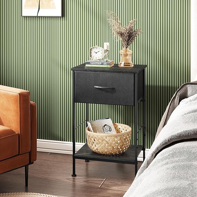 WLIVE Nightstands Set of 2, Black Nightstand with Fabric Storage Drawer and Open Wood Shelf, Night Stand set 2 with Steel Frame, Side Table for Bedroom, Dorm, Charcoal Black, 24.9" Height - LeafyLoom